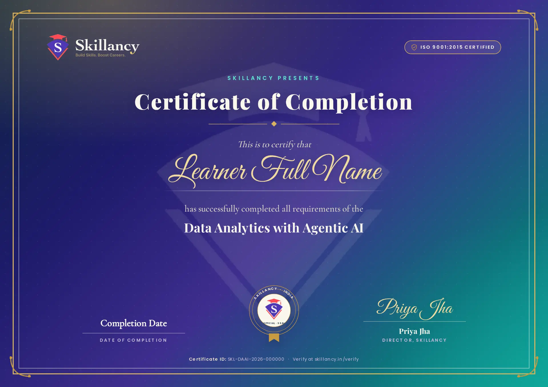 Skillancy Certificate of Completion for Data Analytics with Agentic AI