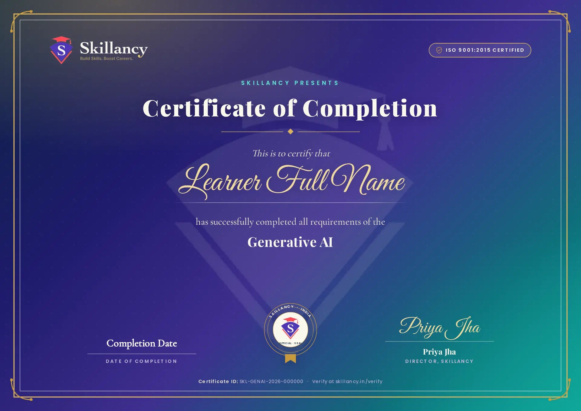 Skillancy Certificate of Completion for Generative AI Program