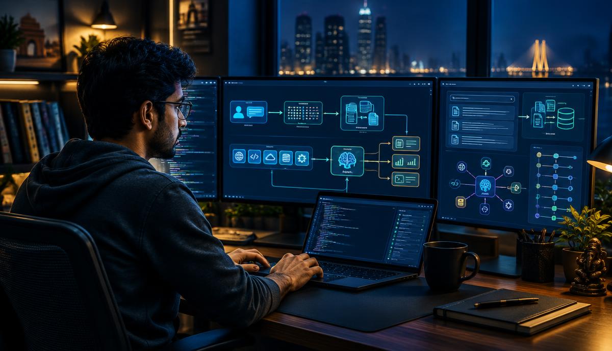 An Indian AI engineer building an LLM application with retrieval and agents