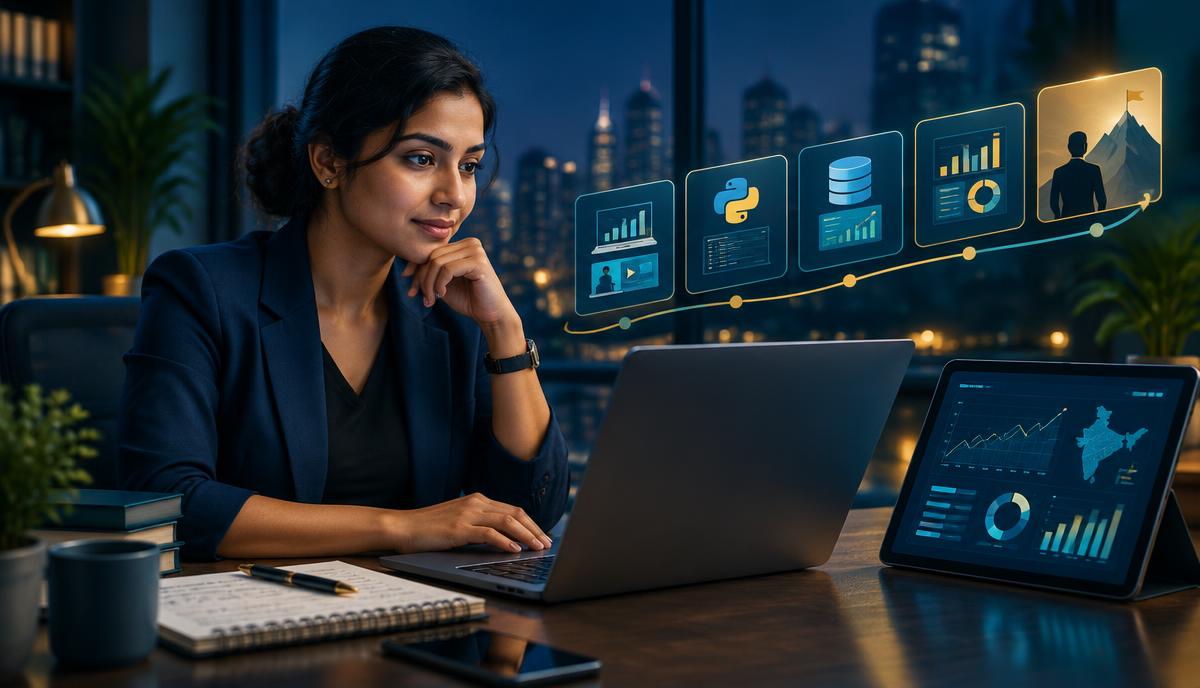 An Indian working professional comparing data analytics learning pathways