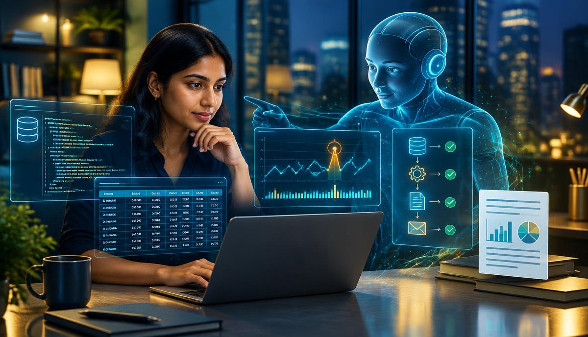 An Indian data analyst collaborating with an AI analytics assistant