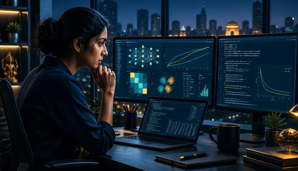 An Indian data scientist working with machine learning models and Python