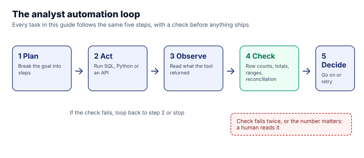 The analyst automation loop: plan, act, observe, check, decide, with a human reading the result when a check fails twice or the number matters