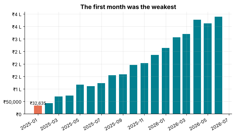 Bar chart of monthly revenue with the lowest month highlighted in coral and labelled